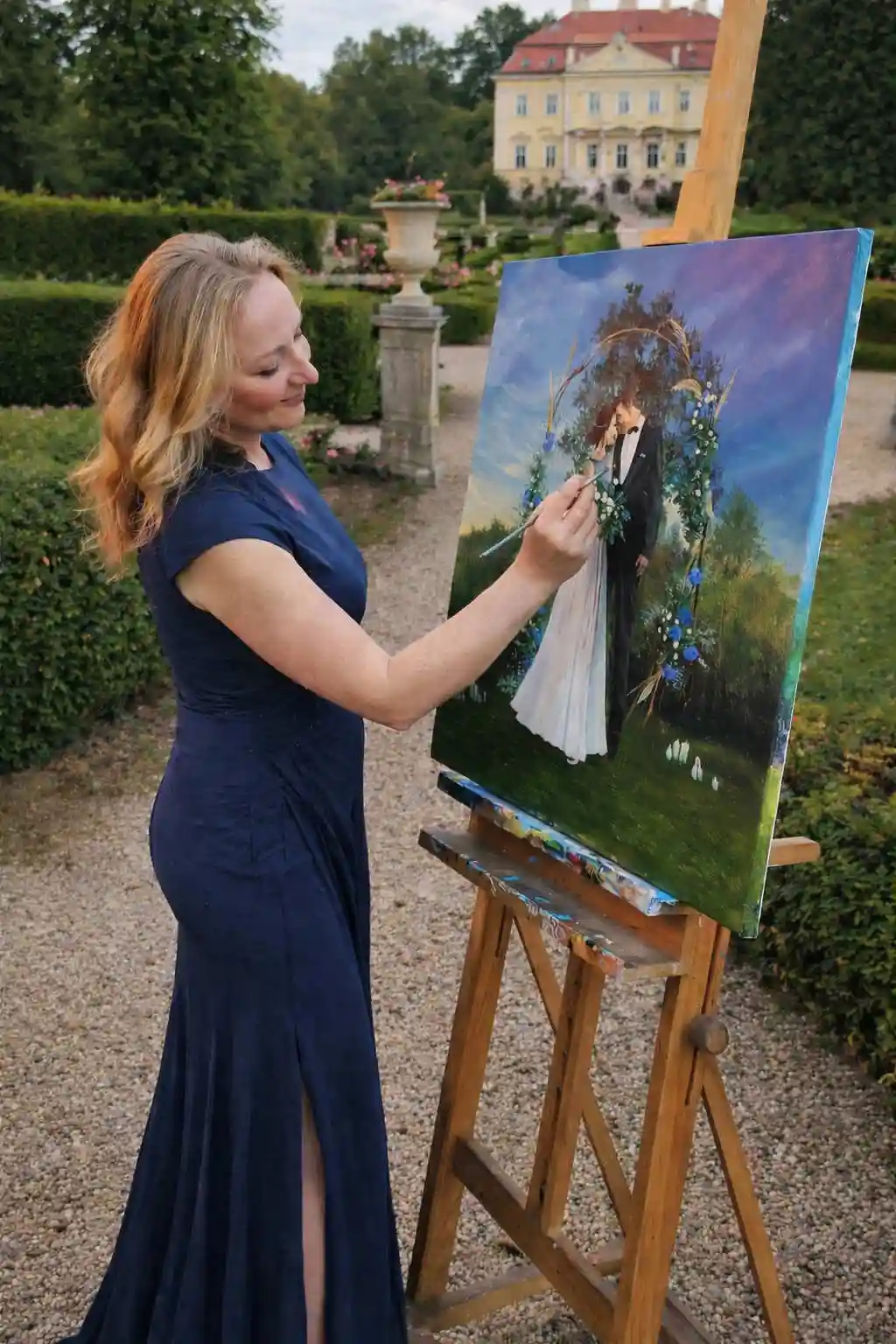 Jowita maluje obraz weselny w ogrodach pałacowych