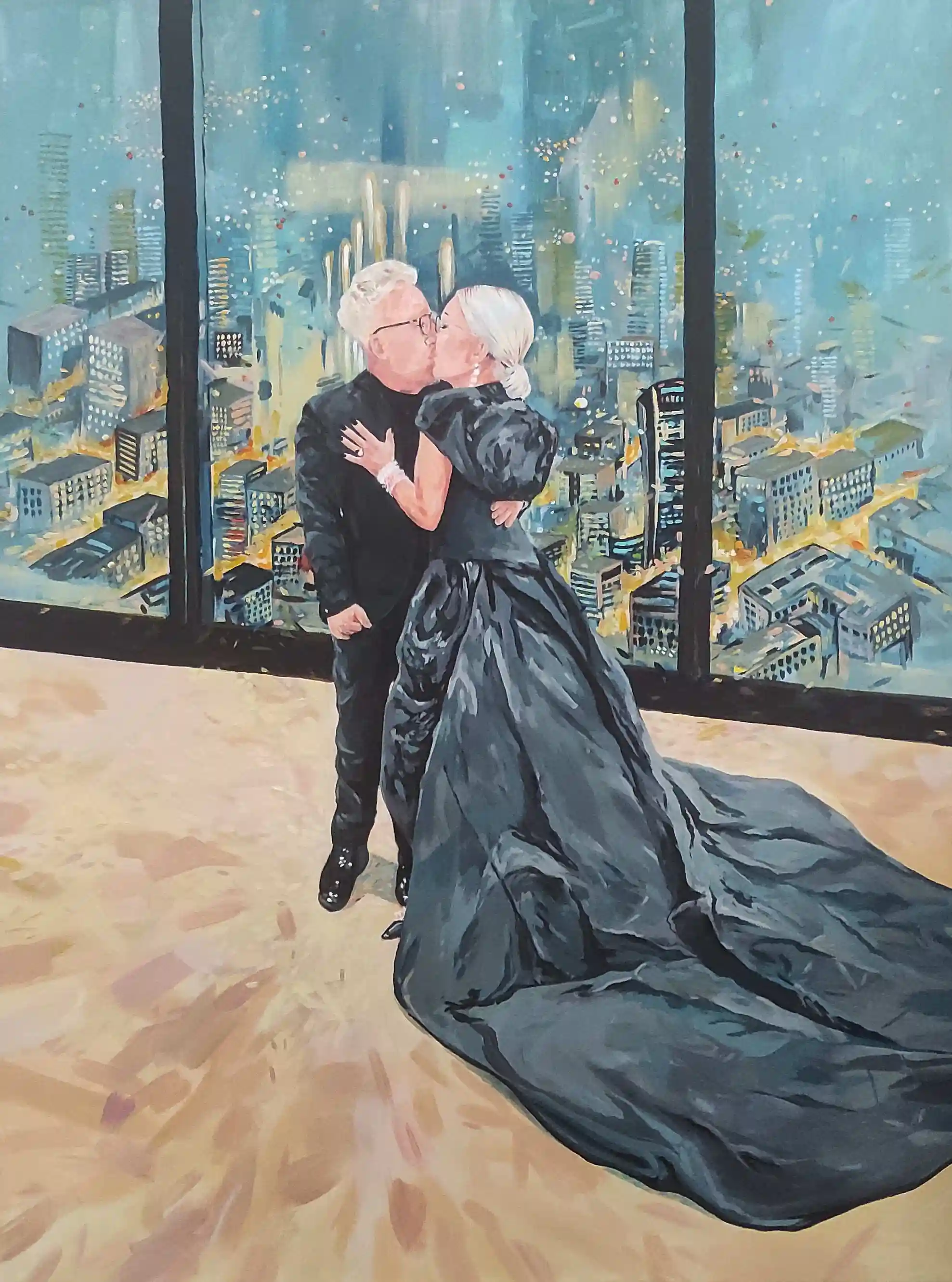 Obraz weselny – pocałunek na tle panoramy miasta nocą