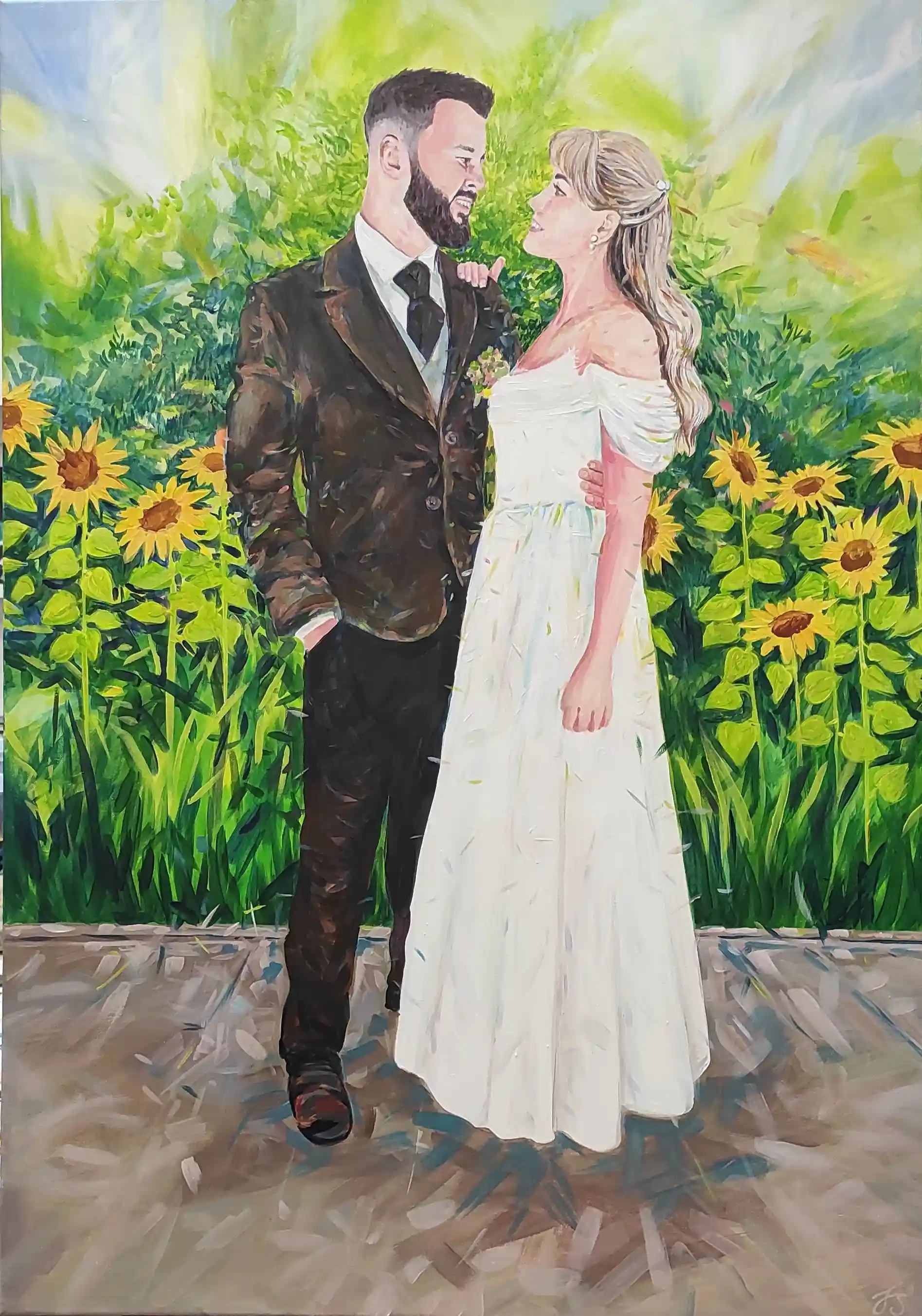 Obraz weselny – para wśród słoneczników